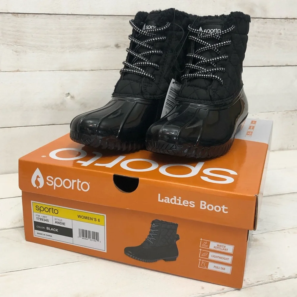 Sporto Sz 6 & 7 Duck Boot • Women’s Andie • Black • New